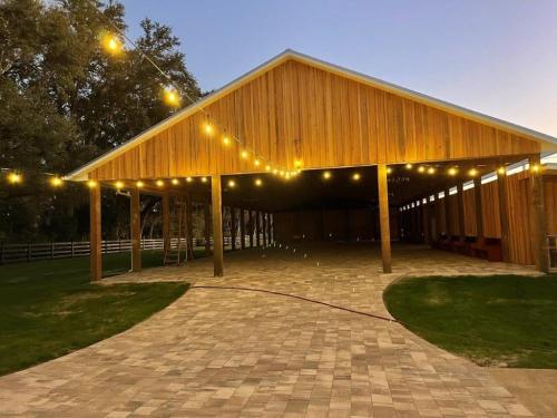 barn venue with twinkle lights at night
