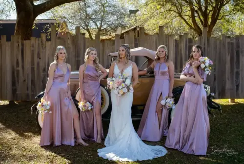 bride and bridesmaids and blush dresses